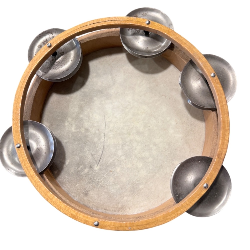 Vintage 6 Inch Wood Tambourine Rawhide Skin Head 6 Pairs Metal Jingles Hand Drum